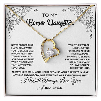 Forever Love Necklace 18K Yellow Gold Finish | Personalized To My Bonus Daughter Necklace From Stepmother Never Forget That I Love You Step Daughter Birthday Christmas Customized Gift Box Message Card | teecentury