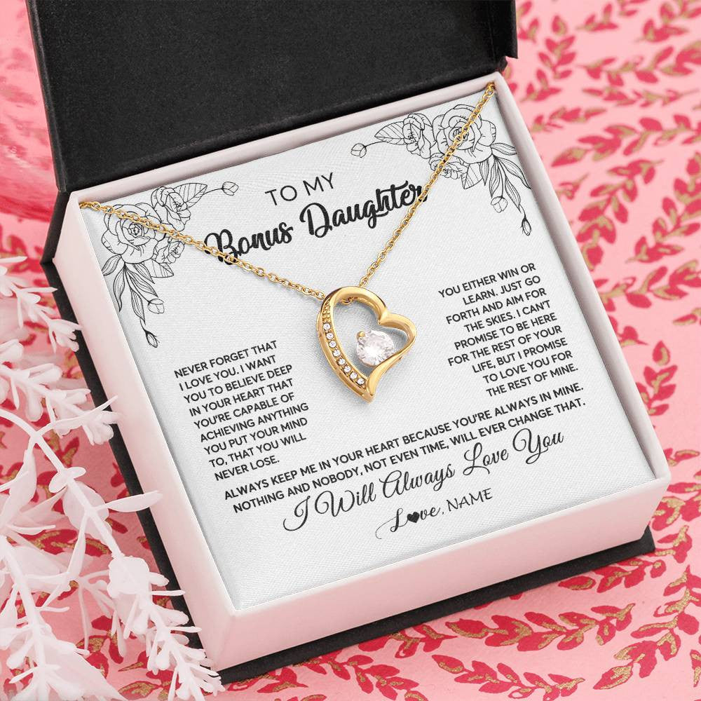 Forever Love Necklace 18K Yellow Gold Finish | Personalized To My Bonus Daughter Necklace From Stepmother Never Forget That I Love You Step Daughter Birthday Christmas Customized Gift Box Message Card | teecentury