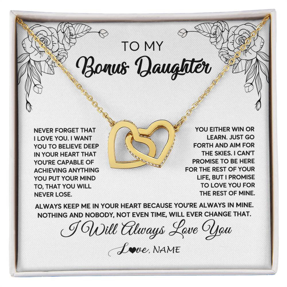Interlocking Hearts Necklace 18K Yellow Gold Finish | Personalized To My Bonus Daughter Necklace From Stepmother Never Forget That I Love You Step Daughter Birthday Christmas Customized Gift Box Message Card | teecentury