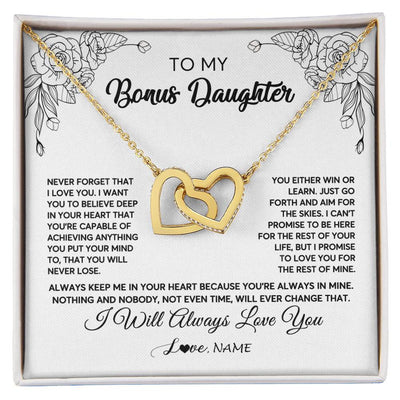Interlocking Hearts Necklace 18K Yellow Gold Finish | Personalized To My Bonus Daughter Necklace From Stepmother Never Forget That I Love You Step Daughter Birthday Christmas Customized Gift Box Message Card | teecentury