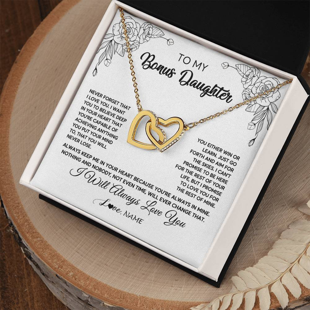 Interlocking Hearts Necklace 18K Yellow Gold Finish | Personalized To My Bonus Daughter Necklace From Stepmother Never Forget That I Love You Step Daughter Birthday Christmas Customized Gift Box Message Card | teecentury