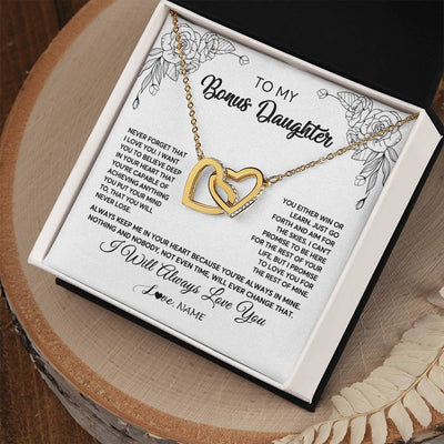 Interlocking Hearts Necklace 18K Yellow Gold Finish | Personalized To My Bonus Daughter Necklace From Stepmother Never Forget That I Love You Step Daughter Birthday Christmas Customized Gift Box Message Card | teecentury