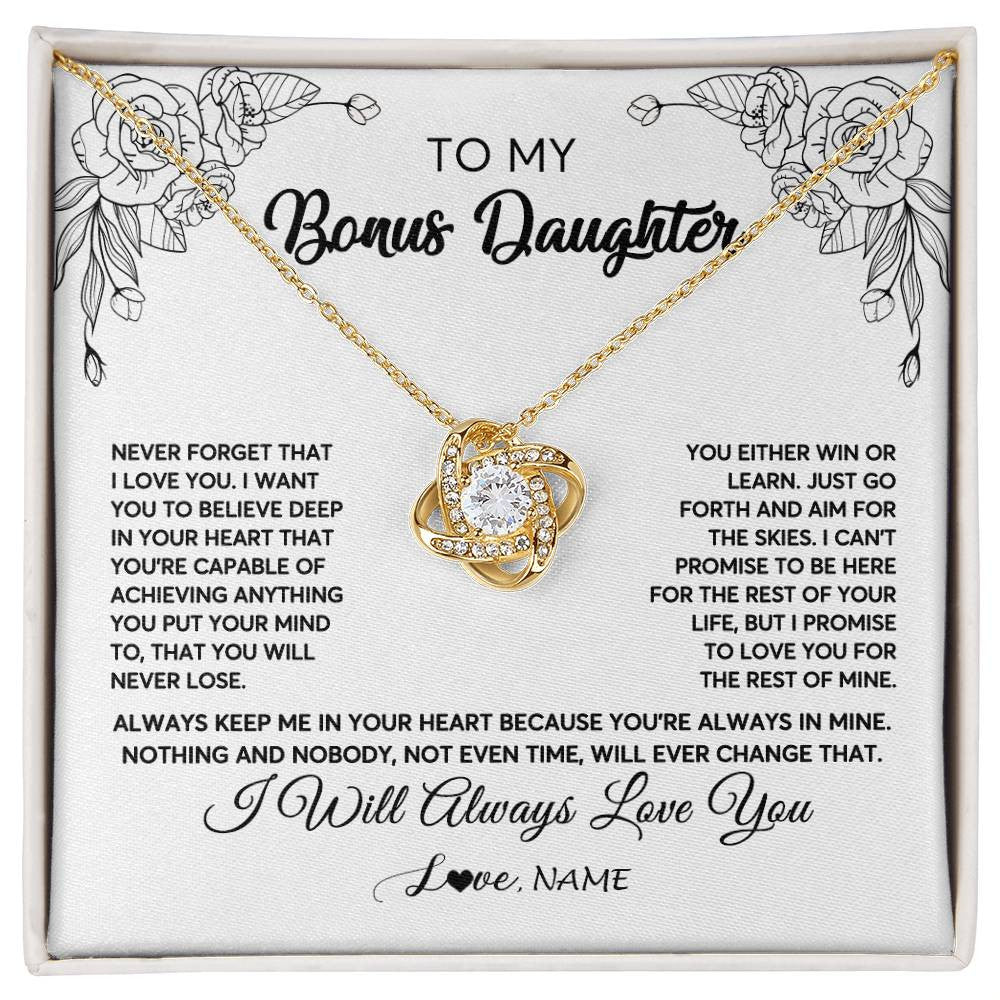 Love Knot Necklace 18K Yellow Gold Finish | Personalized To My Bonus Daughter Necklace From Stepmother Never Forget That I Love You Step Daughter Birthday Christmas Customized Gift Box Message Card | teecentury