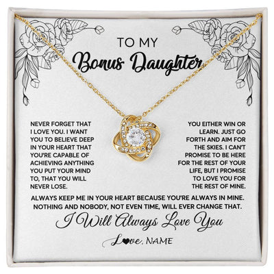 Love Knot Necklace 18K Yellow Gold Finish | Personalized To My Bonus Daughter Necklace From Stepmother Never Forget That I Love You Step Daughter Birthday Christmas Customized Gift Box Message Card | teecentury