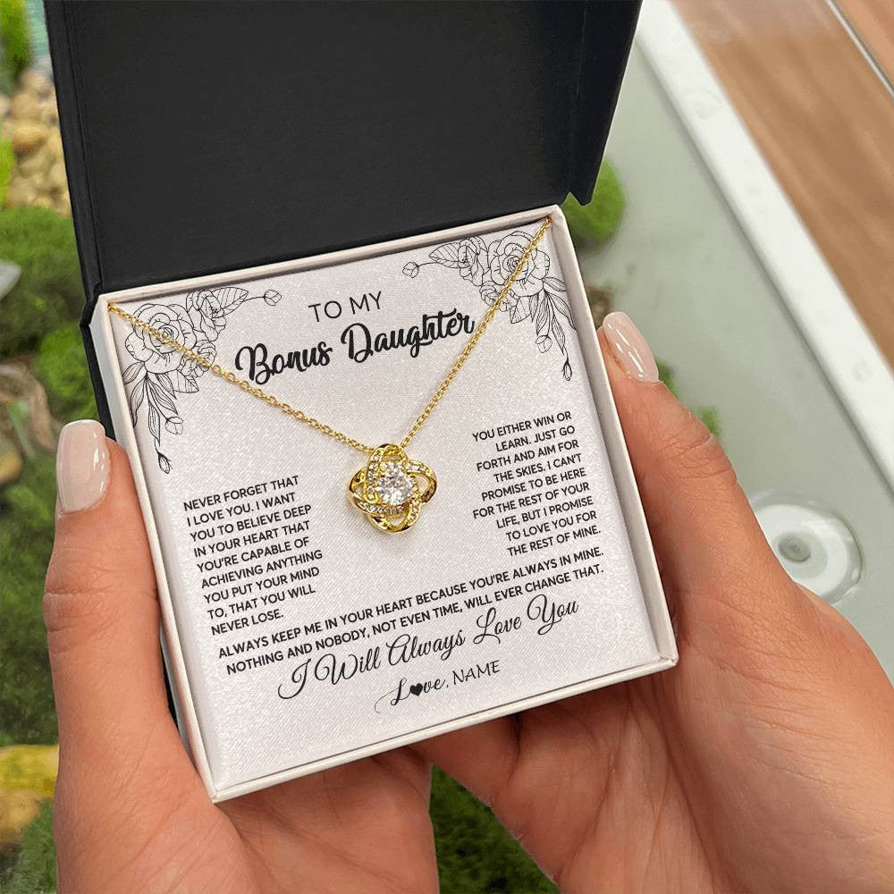 Love Knot Necklace 18K Yellow Gold Finish | Personalized To My Bonus Daughter Necklace From Stepmother Never Forget That I Love You Step Daughter Birthday Christmas Customized Gift Box Message Card | teecentury