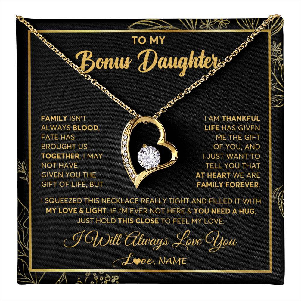 Forever Love Necklace 18K Yellow Gold Finish | 1 | Personalized To My Bonus Daughter Necklace From Stepmother Step Dad We Are Family Forever StepDaughter Birthday Christmas Customized Gift Box Message Card | teecentury