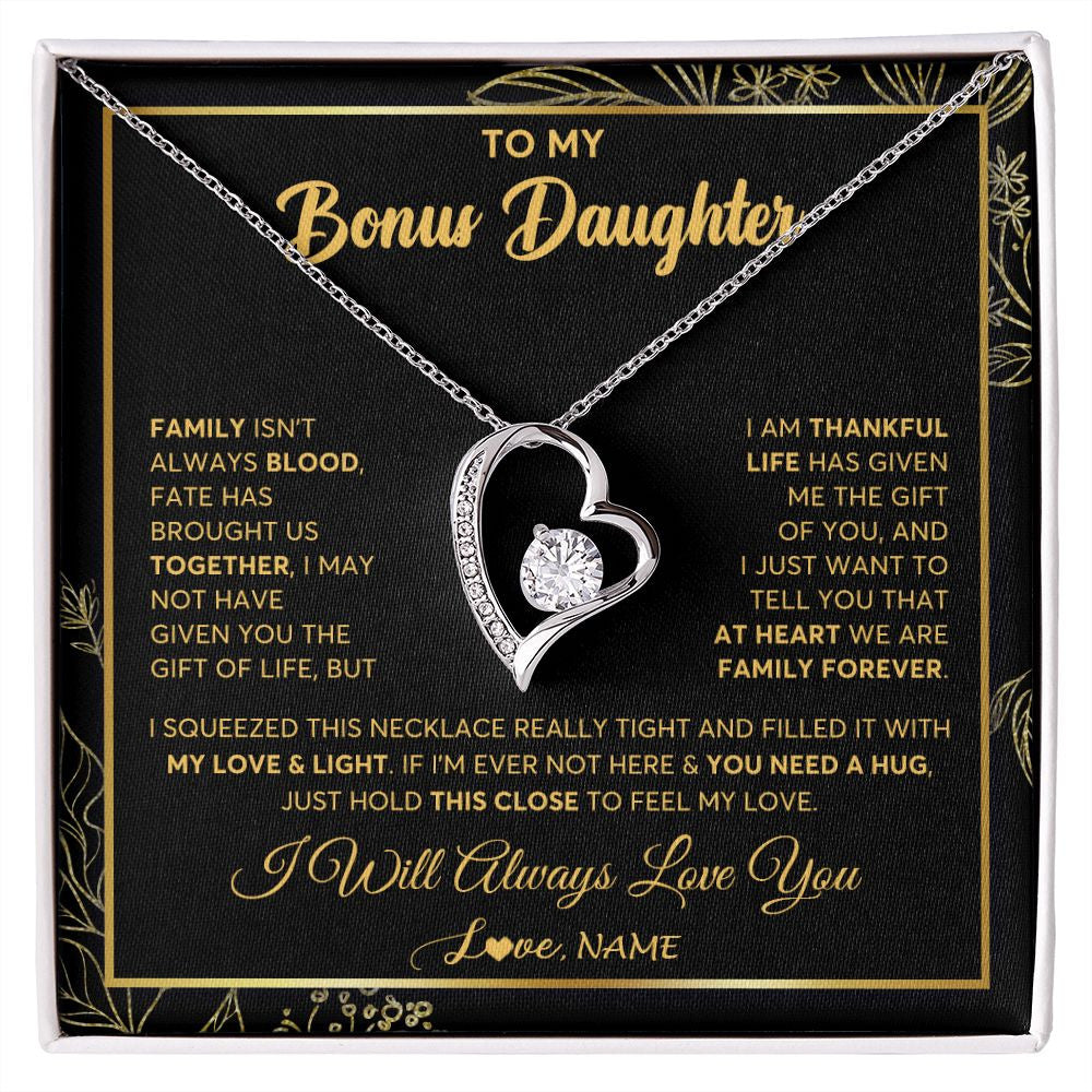 Forever Love Necklace | Personalized To My Bonus Daughter Necklace From Stepmother Step Dad We Are Family Forever StepDaughter Birthday Christmas Customized Gift Box Message Card | teecentury