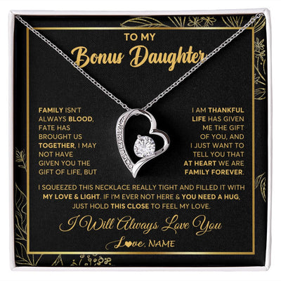 Forever Love Necklace | Personalized To My Bonus Daughter Necklace From Stepmother Step Dad We Are Family Forever StepDaughter Birthday Christmas Customized Gift Box Message Card | teecentury