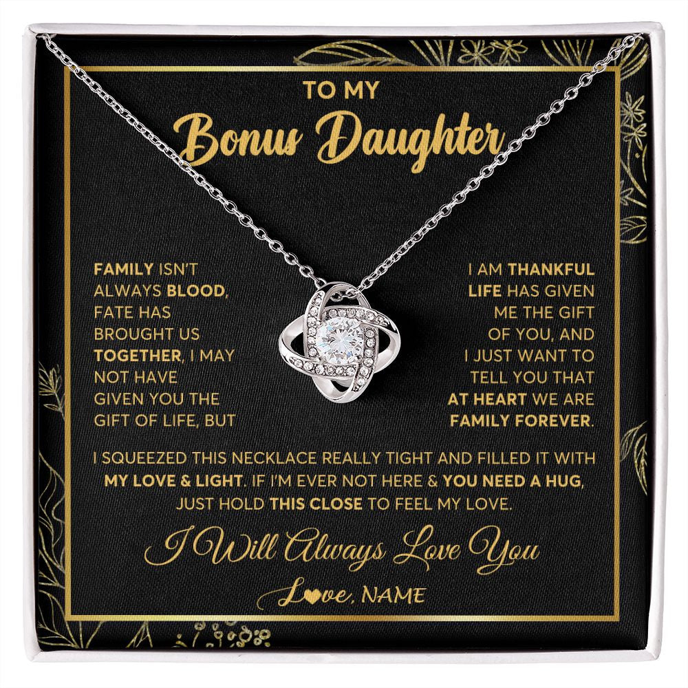 Love Knot Necklace | Personalized To My Bonus Daughter Necklace From Stepmother Step Dad We Are Family Forever StepDaughter Birthday Christmas Customized Gift Box Message Card | teecentury