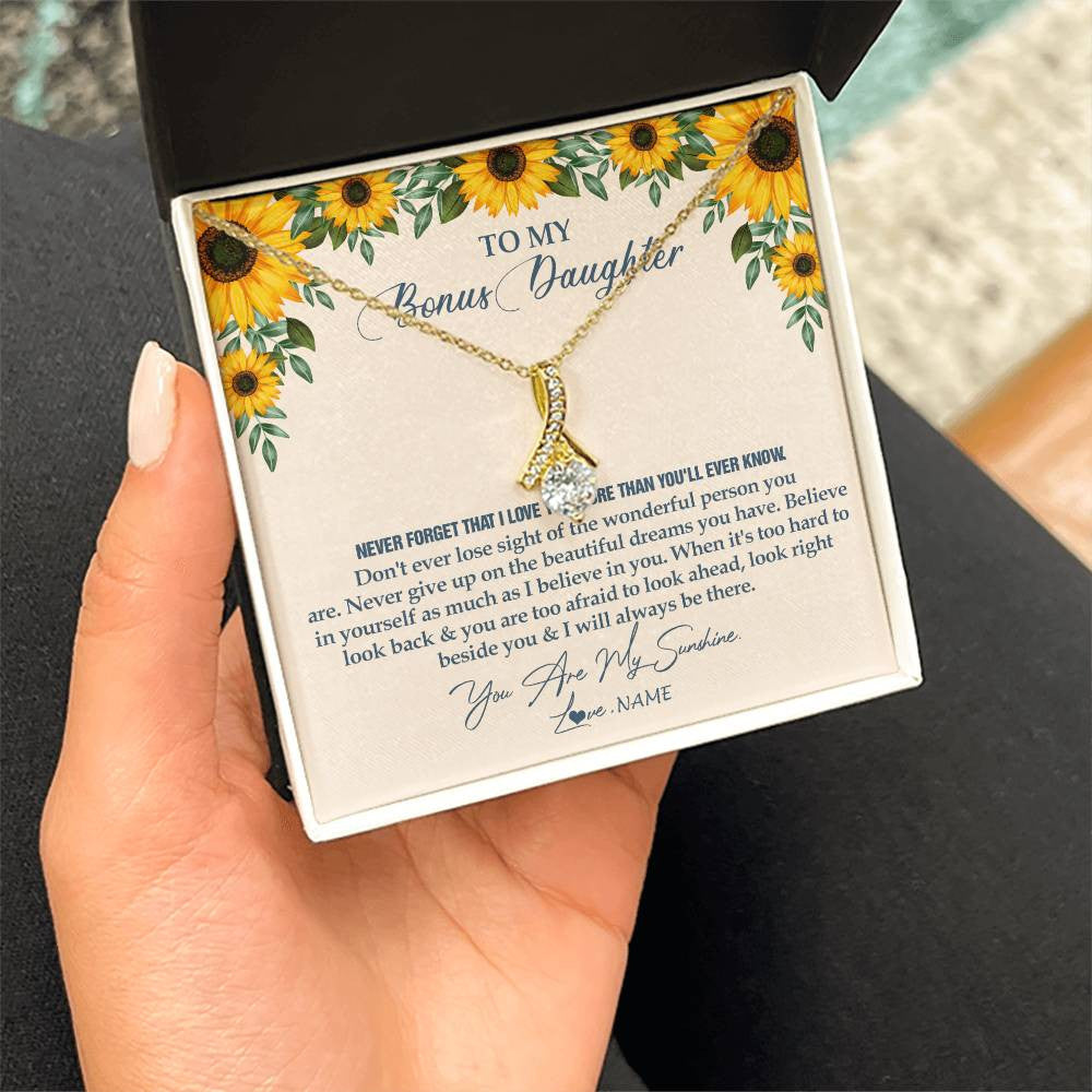 Alluring Beauty Necklace 18K Yellow Gold Finish | Personalized To My Bonus Daughter Necklace From Stepmother Stepdad Sunflower You Are My Sunshine Stepdaughter Jewelry Birthday Customized Gift Box Message Card | teecentury