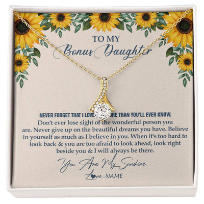 Alluring Beauty Necklace 18K Yellow Gold Finish | Personalized To My Bonus Daughter Necklace From Stepmother Stepdad Sunflower You Are My Sunshine Stepdaughter Jewelry Birthday Customized Gift Box Message Card | teecentury