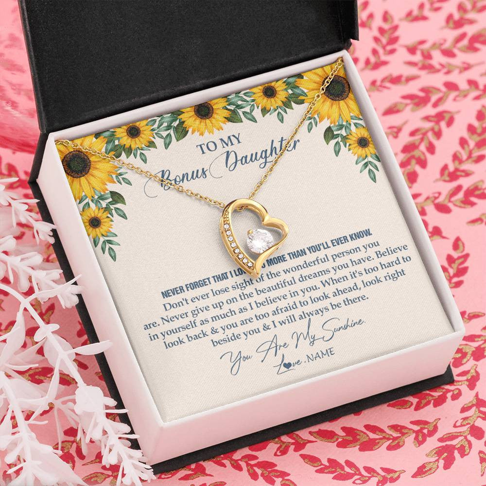 Forever Love Necklace 18K Yellow Gold Finish | Personalized To My Bonus Daughter Necklace From Stepmother Stepdad Sunflower You Are My Sunshine Stepdaughter Jewelry Birthday Customized Gift Box Message Card | teecentury