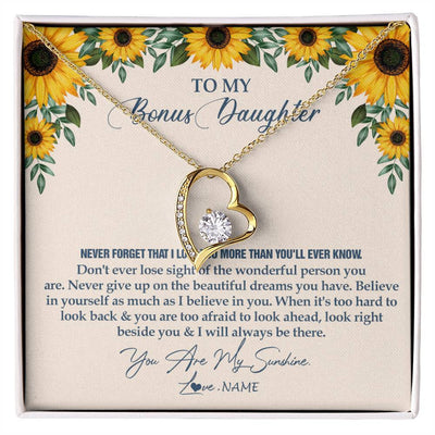 Forever Love Necklace 18K Yellow Gold Finish | Personalized To My Bonus Daughter Necklace From Stepmother Stepdad Sunflower You Are My Sunshine Stepdaughter Jewelry Birthday Customized Gift Box Message Card | teecentury