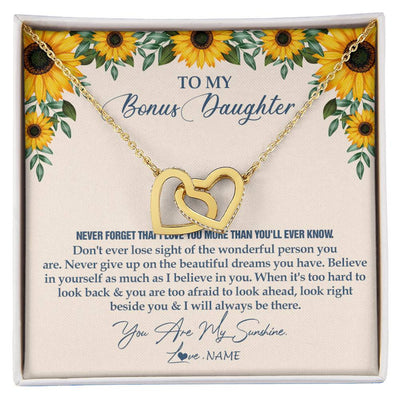 Interlocking Hearts Necklace 18K Yellow Gold Finish | Personalized To My Bonus Daughter Necklace From Stepmother Stepdad Sunflower You Are My Sunshine Stepdaughter Jewelry Birthday Customized Gift Box Message Card | teecentury