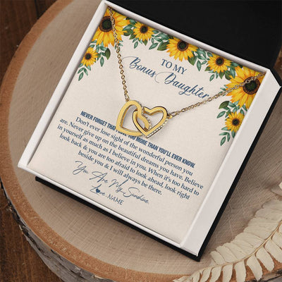 Interlocking Hearts Necklace 18K Yellow Gold Finish | Personalized To My Bonus Daughter Necklace From Stepmother Stepdad Sunflower You Are My Sunshine Stepdaughter Jewelry Birthday Customized Gift Box Message Card | teecentury