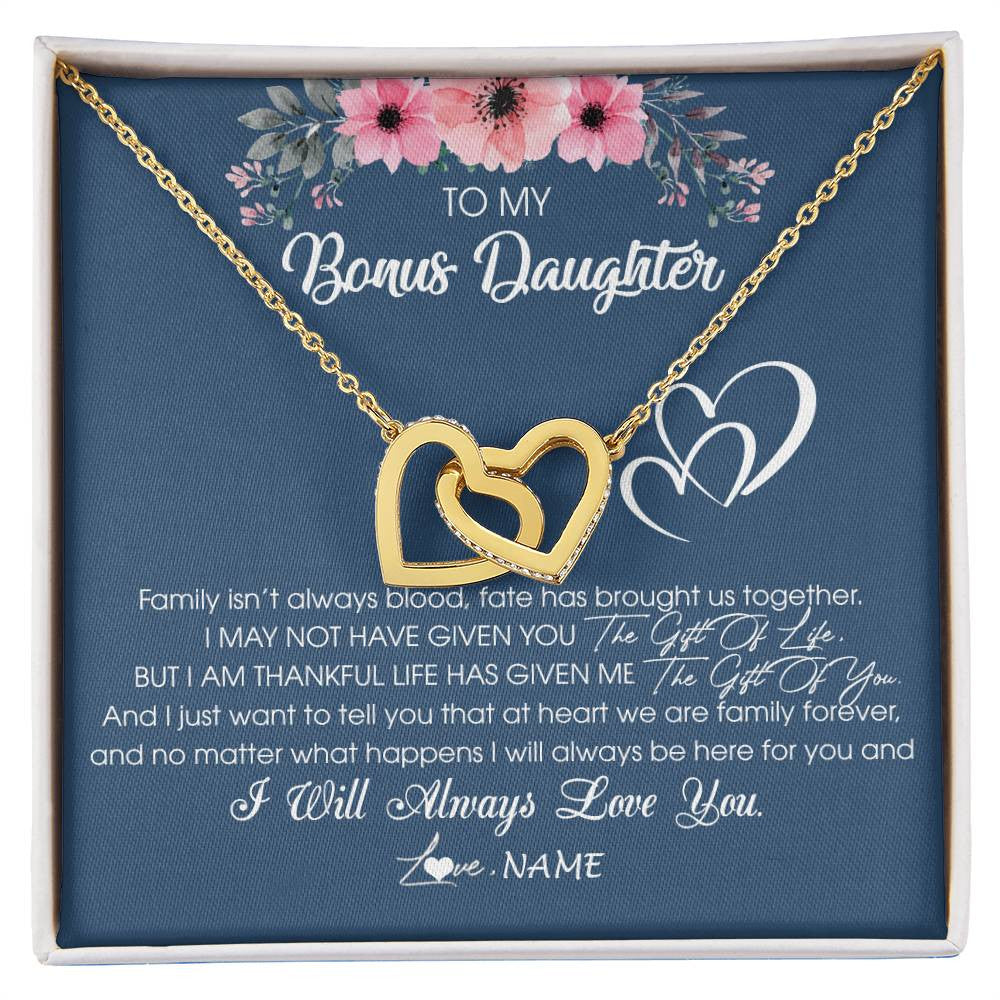 Interlocking Hearts Necklace 18K Yellow Gold Finish | Personalized To My Bonus Daughter Necklace From Stepmother Stepfather I Will Always Love You Stepdaughter Jewelry Birthday Christmas Customized Message Card | teecentury