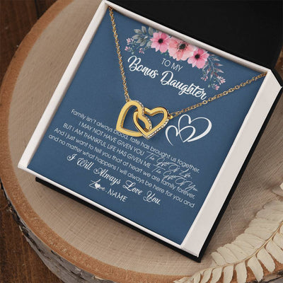 Interlocking Hearts Necklace 18K Yellow Gold Finish | Personalized To My Bonus Daughter Necklace From Stepmother Stepfather I Will Always Love You Stepdaughter Jewelry Birthday Christmas Customized Message Card | teecentury