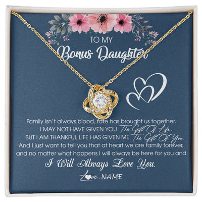 Love Knot Necklace 18K Yellow Gold Finish | Personalized To My Bonus Daughter Necklace From Stepmother Stepfather I Will Always Love You Stepdaughter Jewelry Birthday Christmas Customized Message Card | teecentury