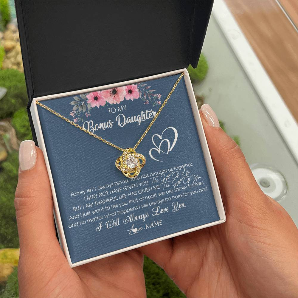 Love Knot Necklace 18K Yellow Gold Finish | Personalized To My Bonus Daughter Necklace From Stepmother Stepfather I Will Always Love You Stepdaughter Jewelry Birthday Christmas Customized Message Card | teecentury