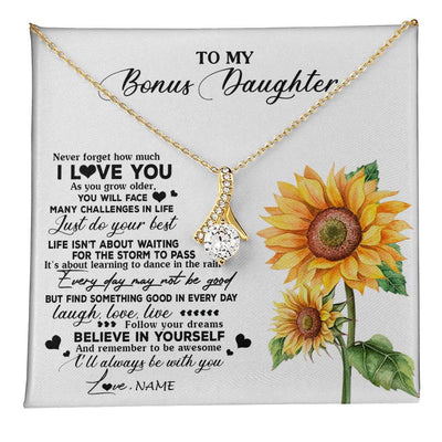 Alluring Beauty Necklace 18K Yellow Gold Finish | 1 | Personalized To My Bonus Daughter Necklace From Stepmother Sunflower Wood Laugh Love Live Stepdaughter Birthday Christmas Customized Gift Box Message Card | teecentury