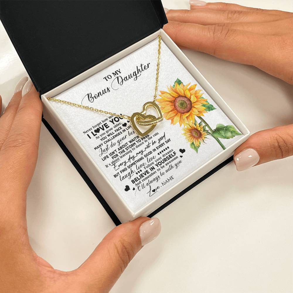 Interlocking Hearts Necklace 18K Yellow Gold Finish | 2 | Personalized To My Bonus Daughter Necklace From Stepmother Sunflower Wood Laugh Love Live Stepdaughter Birthday Christmas Customized Gift Box Message Card | teecentury
