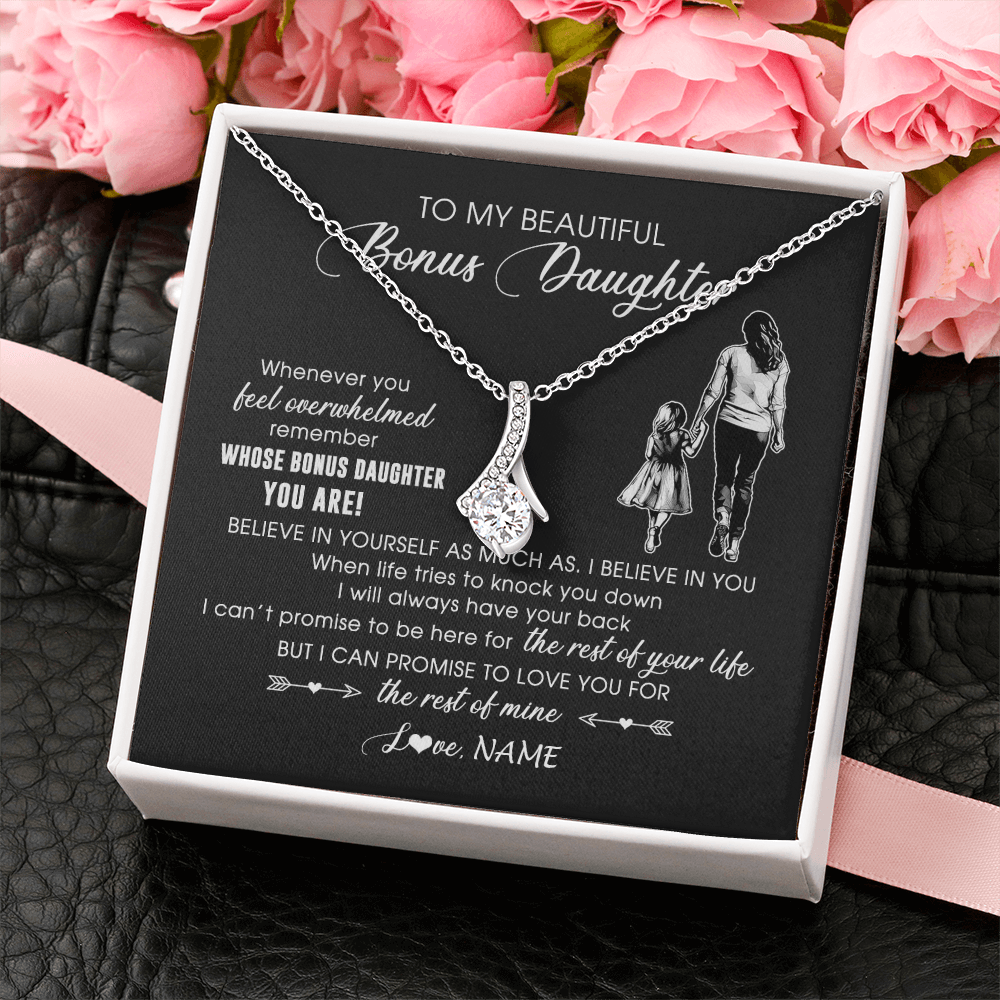 Alluring Beauty Necklace 14K White Gold Finish | 2 | Personalized To My Bonus Daughter Necklace From Stepmother Whenever You Feel Overwhelmed Stepdaughter Jewelry Birthday Christmas Customized Message Card | teecentury