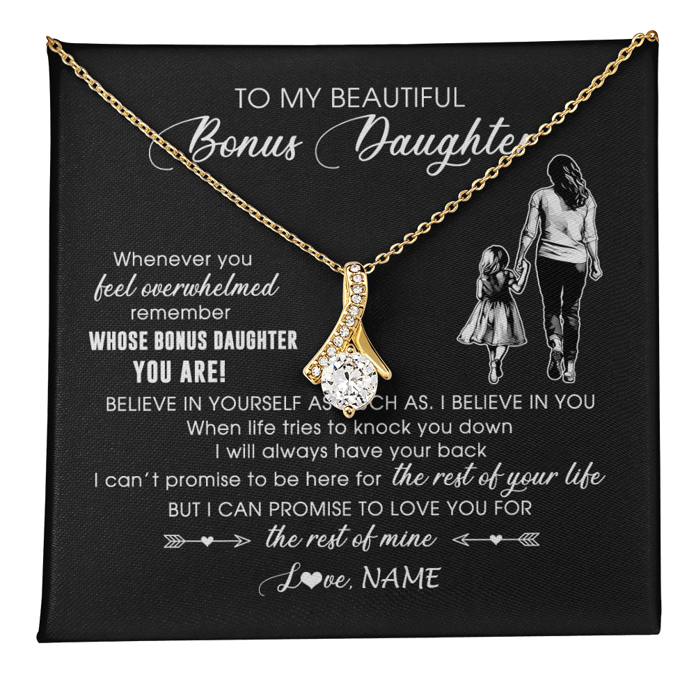 Alluring Beauty Necklace 18K Yellow Gold Finish | 1 | Personalized To My Bonus Daughter Necklace From Stepmother Whenever You Feel Overwhelmed Stepdaughter Jewelry Birthday Christmas Customized Message Card | teecentury