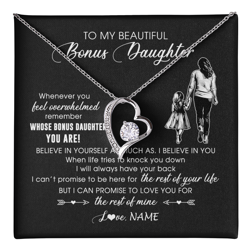 Forever Love Necklace 14K White Gold Finish | 1 | Personalized To My Bonus Daughter Necklace From Stepmother Whenever You Feel Overwhelmed Stepdaughter Jewelry Birthday Christmas Customized Message Card | teecentury