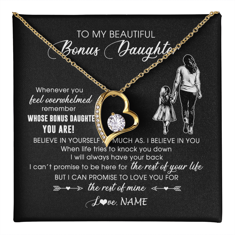 Forever Love Necklace 18K Yellow Gold Finish | 1 | Personalized To My Bonus Daughter Necklace From Stepmother Whenever You Feel Overwhelmed Stepdaughter Jewelry Birthday Christmas Customized Message Card | teecentury
