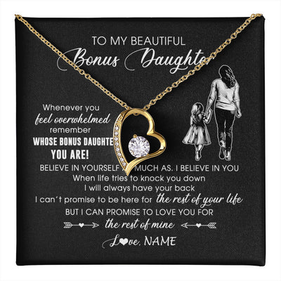 Forever Love Necklace 18K Yellow Gold Finish | 1 | Personalized To My Bonus Daughter Necklace From Stepmother Whenever You Feel Overwhelmed Stepdaughter Jewelry Birthday Christmas Customized Message Card | teecentury
