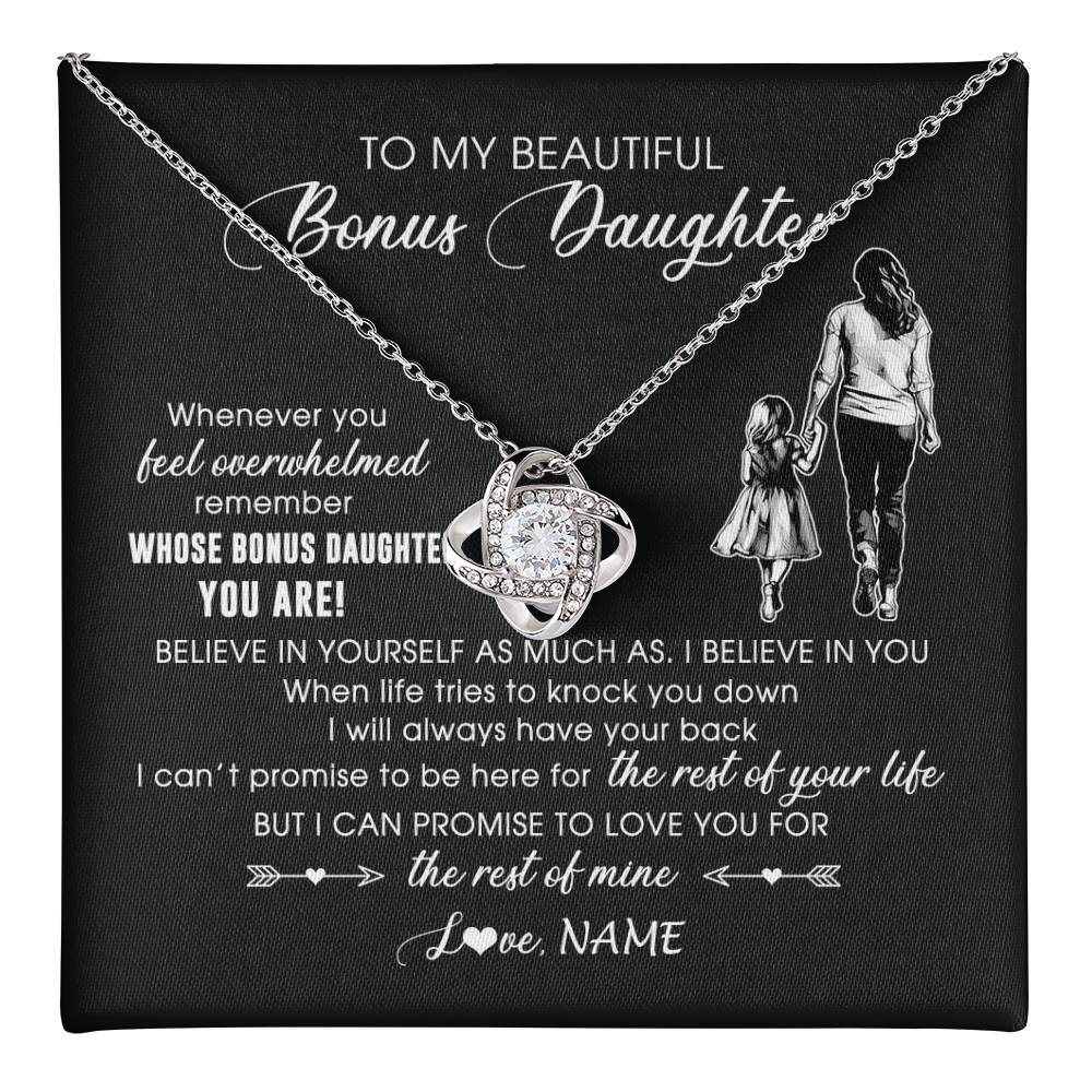 Love Knot Necklace 14K White Gold Finish | 1 | Personalized To My Bonus Daughter Necklace From Stepmother Whenever You Feel Overwhelmed Stepdaughter Jewelry Birthday Christmas Customized Message Card | teecentury