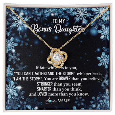 Love Knot Necklace 18K Yellow Gold Finish | Personalized To My Bonus Daughter Necklace From Stepmother Whisper Back I Am The Storm Stepdaughter Jewelry Birthday Christmas Customized Message Card | teecentury