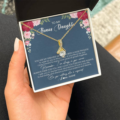 Alluring Beauty Necklace 18K Yellow Gold Finish | Personalized To My Bonus Daughter Necklace From Stepmother You Are My Greatest Gift Stepdaughter Birthday Customized Jewelry Gift Box Message Card | teecentury