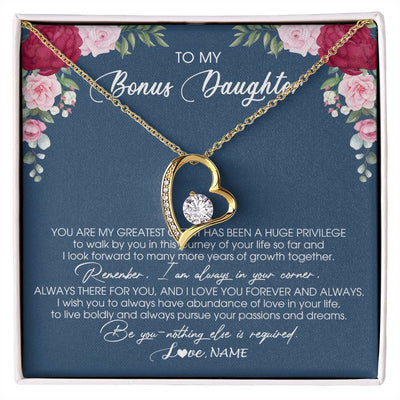 Forever Love Necklace 18K Yellow Gold Finish | Personalized To My Bonus Daughter Necklace From Stepmother You Are My Greatest Gift Stepdaughter Birthday Customized Jewelry Gift Box Message Card | teecentury
