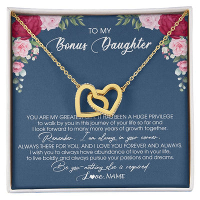 Interlocking Hearts Necklace 18K Yellow Gold Finish | Personalized To My Bonus Daughter Necklace From Stepmother You Are My Greatest Gift Stepdaughter Birthday Customized Jewelry Gift Box Message Card | teecentury