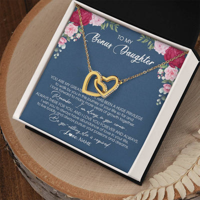 Interlocking Hearts Necklace 18K Yellow Gold Finish | Personalized To My Bonus Daughter Necklace From Stepmother You Are My Greatest Gift Stepdaughter Birthday Customized Jewelry Gift Box Message Card | teecentury