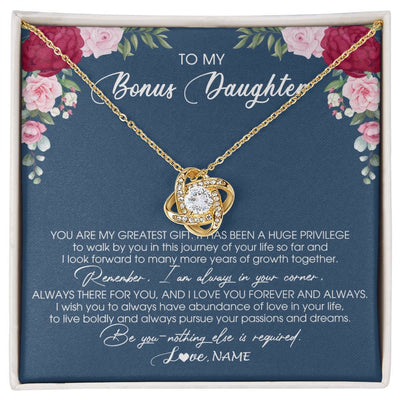 Love Knot Necklace 18K Yellow Gold Finish | Personalized To My Bonus Daughter Necklace From Stepmother You Are My Greatest Gift Stepdaughter Birthday Customized Jewelry Gift Box Message Card | teecentury