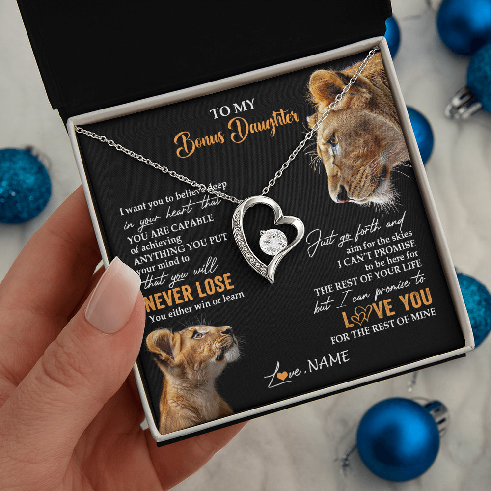 Forever Love Necklace 14K White Gold Finish | 2 | Personalized To My Bonus Daughter Necklace From Stepmother You Will Never Lose Lion Stepdaughter Birthday Gifts Graduation Christmas Gift Box Message Card | teecentury