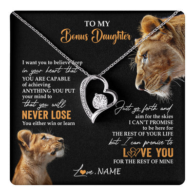 Forever Love Necklace 14K White Gold Finish | 1 | Personalized To My Bonus Daughter Necklace From Stepmother You Will Never Lose Lion Stepdaughter Birthday Gifts Graduation Christmas Gift Box Message Card | teecentury