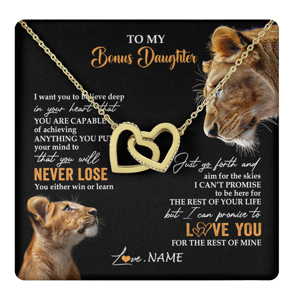 Interlocking Hearts Necklace 18K Yellow Gold Finish | 1 | Personalized To My Bonus Daughter Necklace From Stepmother You Will Never Lose Lion Stepdaughter Birthday Gifts Graduation Christmas Gift Box Message Card | teecentury