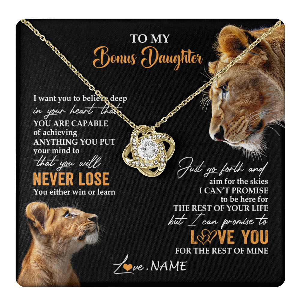 Love Knot Necklace 18K Yellow Gold Finish | 1 | Personalized To My Bonus Daughter Necklace From Stepmother You Will Never Lose Lion Stepdaughter Birthday Gifts Graduation Christmas Gift Box Message Card | teecentury