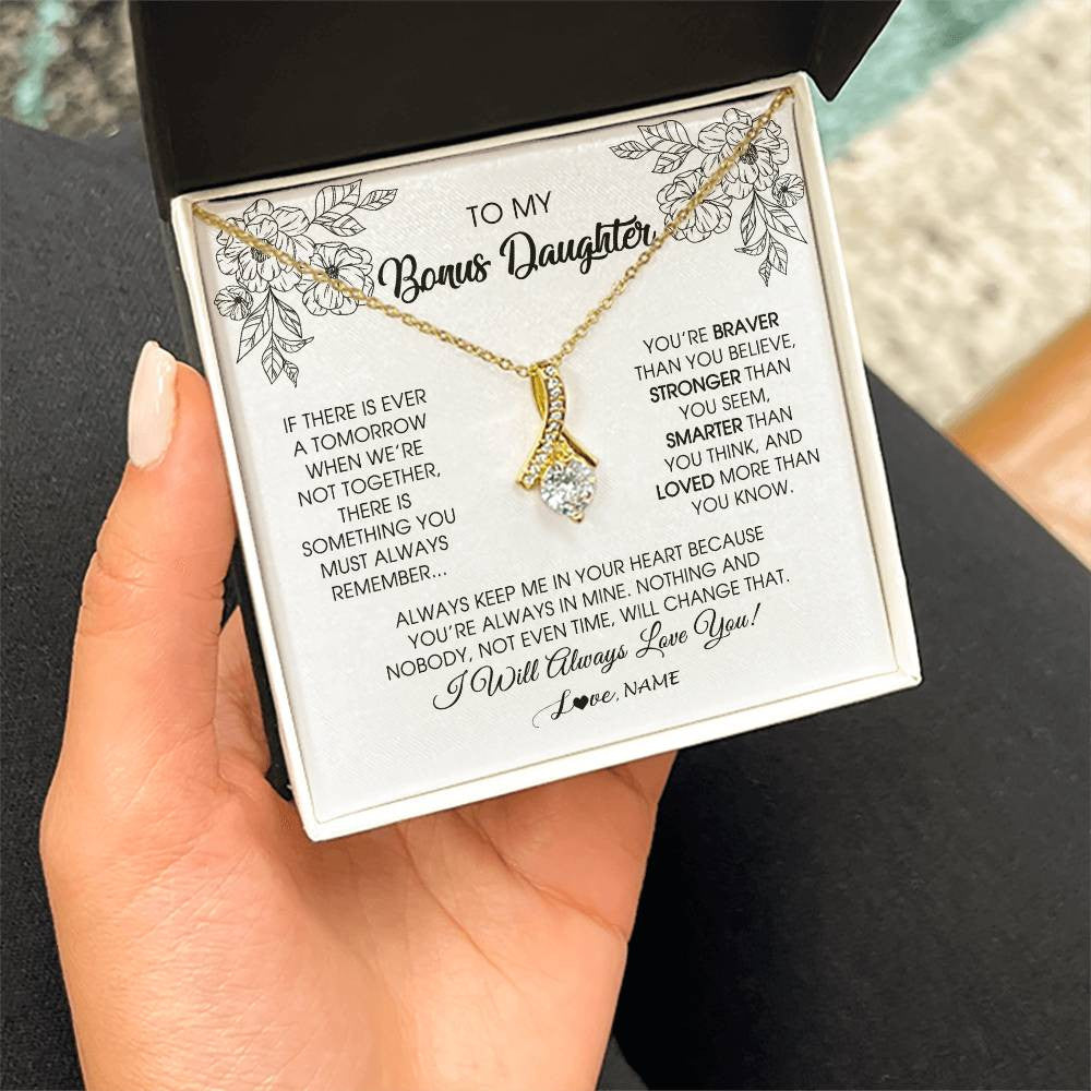 Alluring Beauty Necklace 18K Yellow Gold Finish | Personalized To My Bonus Daughter Necklace From Stepmother You're Braver Stronger Smarter Stepdaughter Birthday Customized Jewelry Gift Box Message Card | teecentury