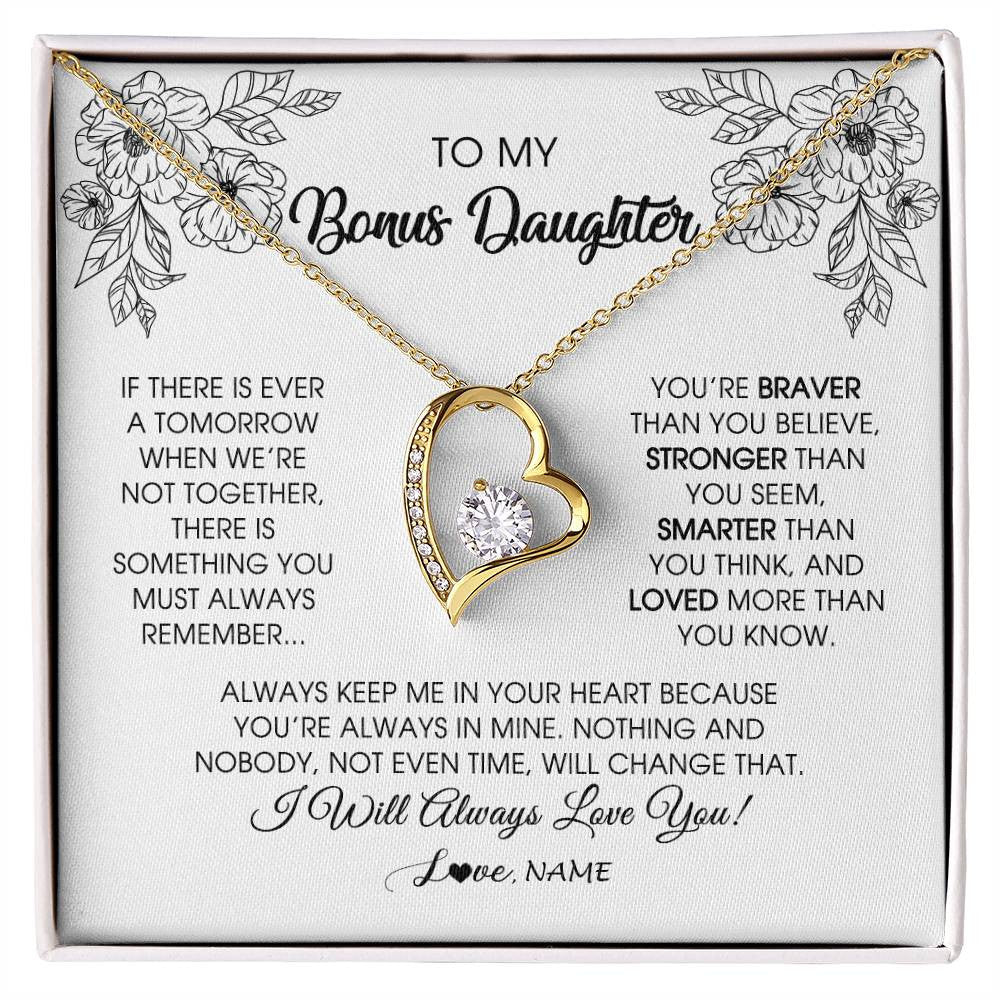 Forever Love Necklace 18K Yellow Gold Finish | Personalized To My Bonus Daughter Necklace From Stepmother You're Braver Stronger Smarter Stepdaughter Birthday Customized Jewelry Gift Box Message Card | teecentury