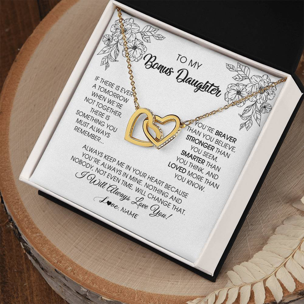Interlocking Hearts Necklace 18K Yellow Gold Finish | Personalized To My Bonus Daughter Necklace From Stepmother You're Braver Stronger Smarter Stepdaughter Birthday Customized Jewelry Gift Box Message Card | teecentury