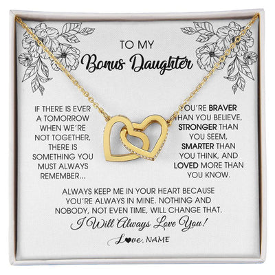 Interlocking Hearts Necklace 18K Yellow Gold Finish | Personalized To My Bonus Daughter Necklace From Stepmother You're Braver Stronger Smarter Stepdaughter Birthday Customized Jewelry Gift Box Message Card | teecentury