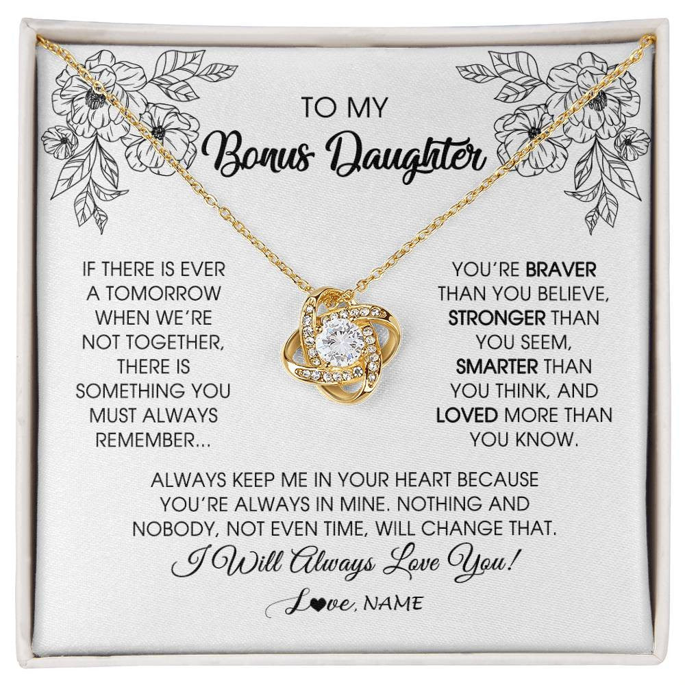 Love Knot Necklace 18K Yellow Gold Finish | Personalized To My Bonus Daughter Necklace From Stepmother You're Braver Stronger Smarter Stepdaughter Birthday Customized Jewelry Gift Box Message Card | teecentury