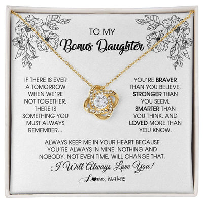 Love Knot Necklace 18K Yellow Gold Finish | Personalized To My Bonus Daughter Necklace From Stepmother You're Braver Stronger Smarter Stepdaughter Birthday Customized Jewelry Gift Box Message Card | teecentury