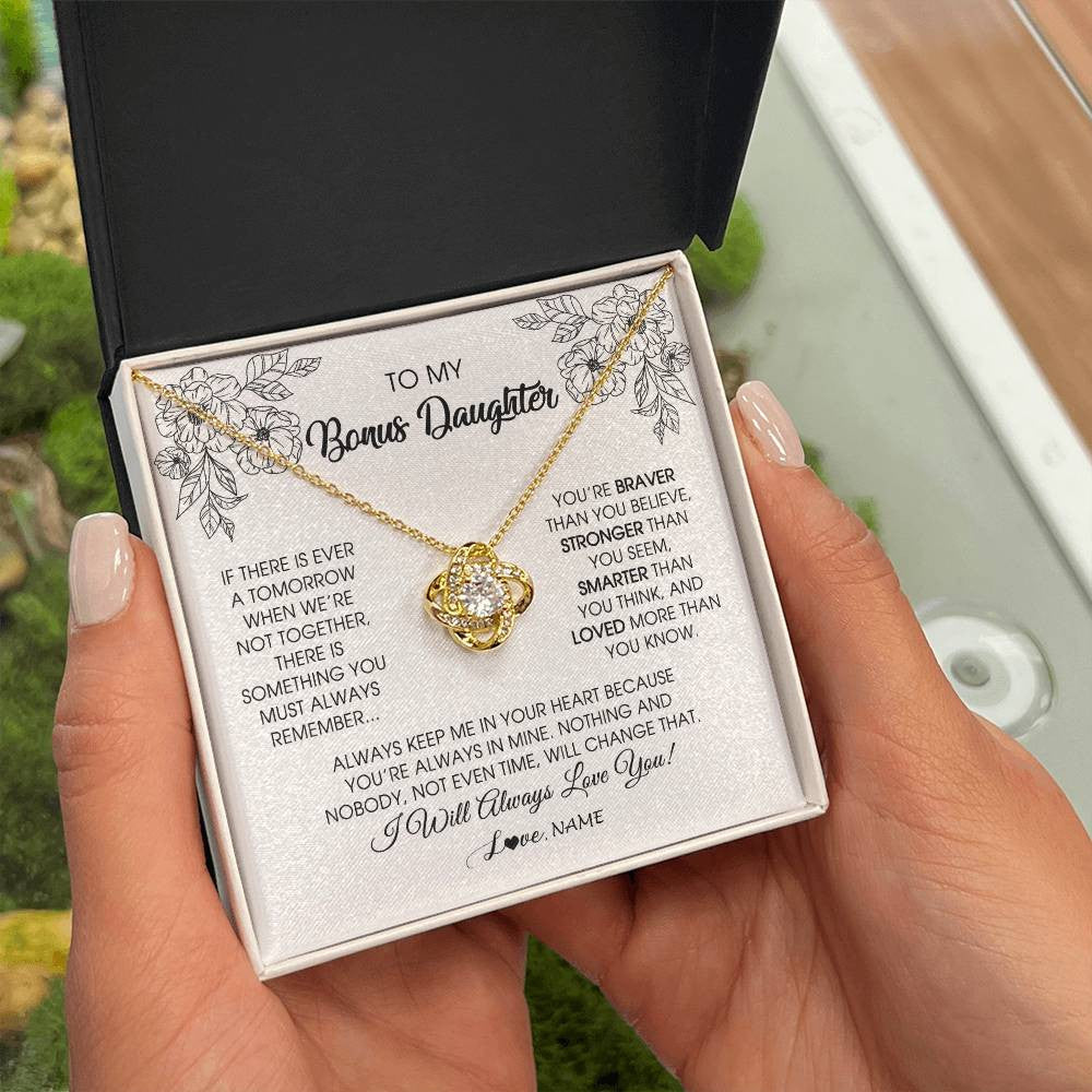 Love Knot Necklace 18K Yellow Gold Finish | Personalized To My Bonus Daughter Necklace From Stepmother You're Braver Stronger Smarter Stepdaughter Birthday Customized Jewelry Gift Box Message Card | teecentury