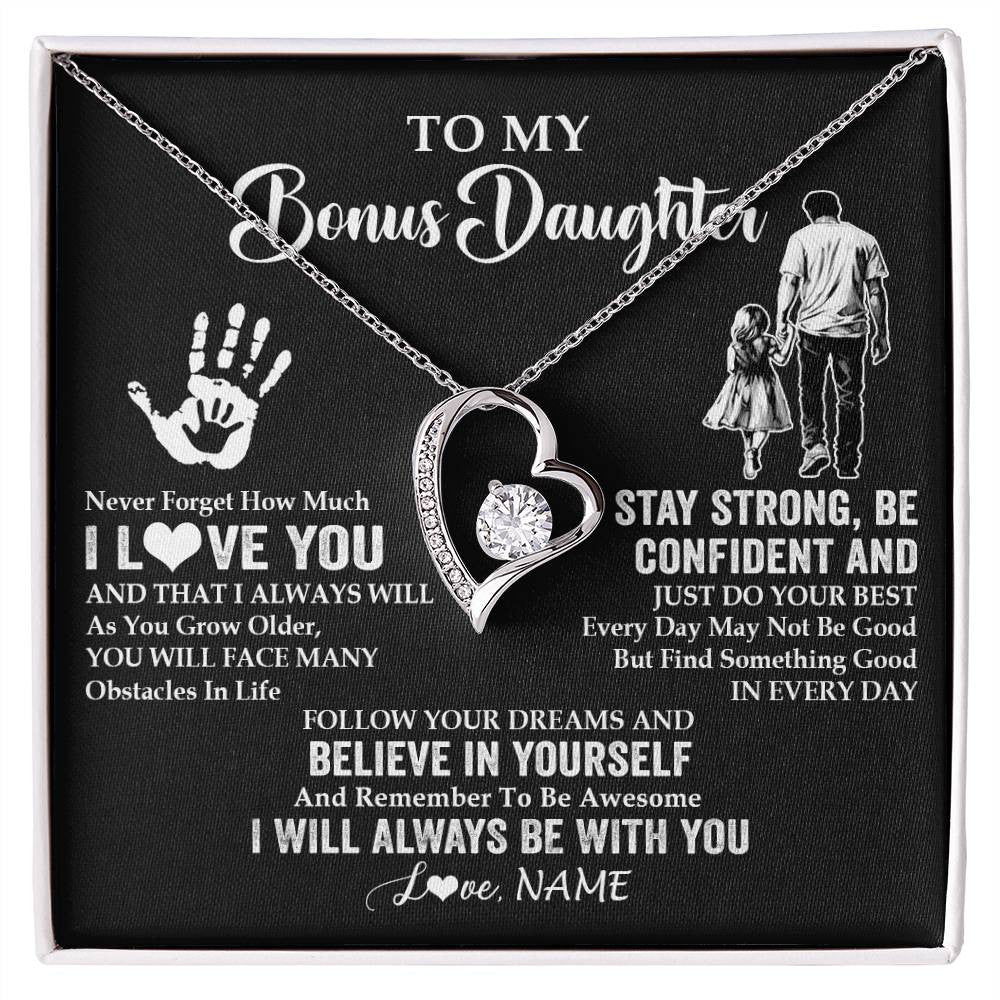 Forever Love Necklace 14K White Gold Finish | 1 | Personalized To My Bonus Daughter Necklace I Love You Forever From Stepdad Stepdaughter Birthday Gifts Christmas Graduation Customized Gift Box Message Card | teecentury