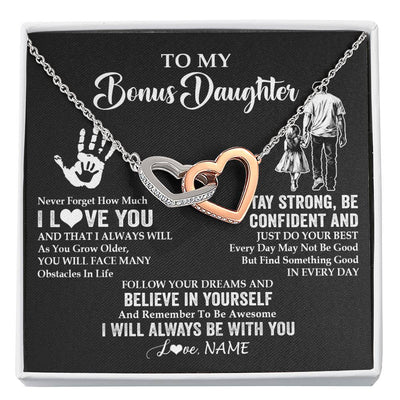 Interlocking Hearts Necklace Stainless Steel & Rose Gold Finish | 1 | Personalized To My Bonus Daughter Necklace I Love You Forever From Stepdad Stepdaughter Birthday Gifts Christmas Graduation Customized Gift Box Message Card | teecentury